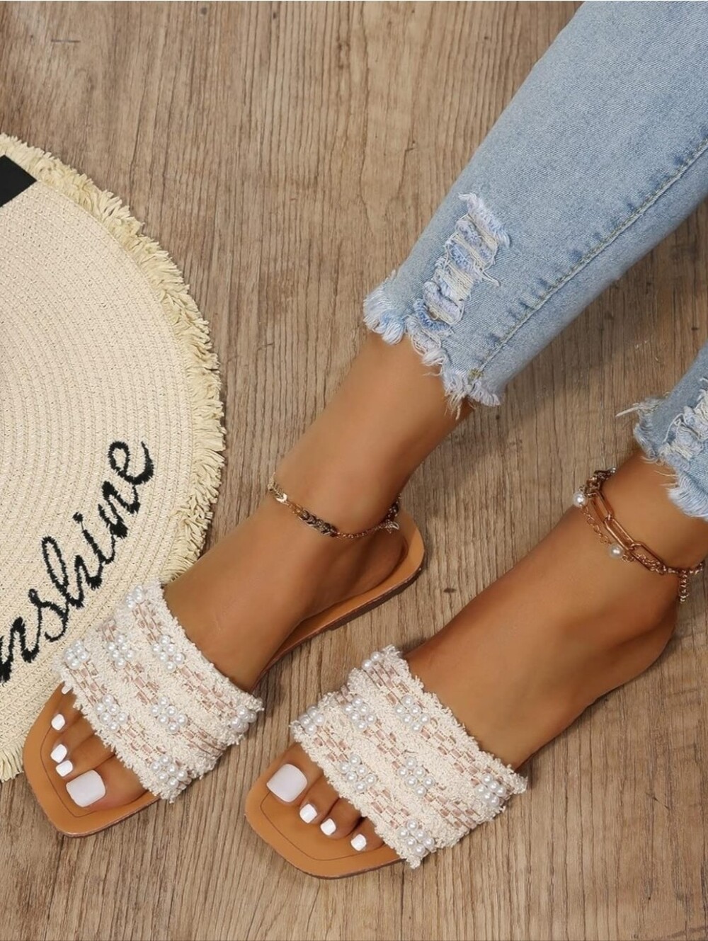 Summer Chic Pearl Beaded Fringe Slide Sandals Cream Size 9